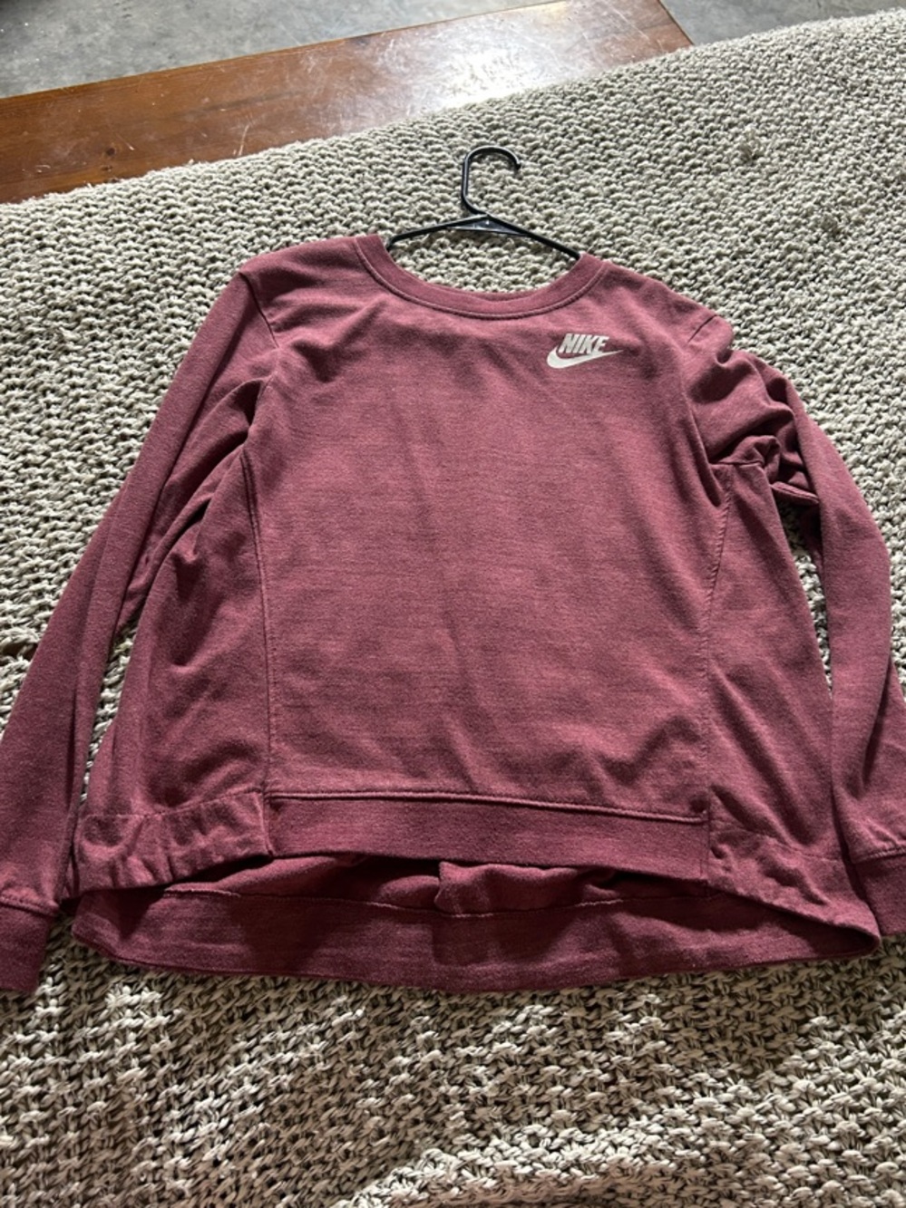 Nike Burgundy Long-Sleeve Crew Sweatshirt with White Swoosh